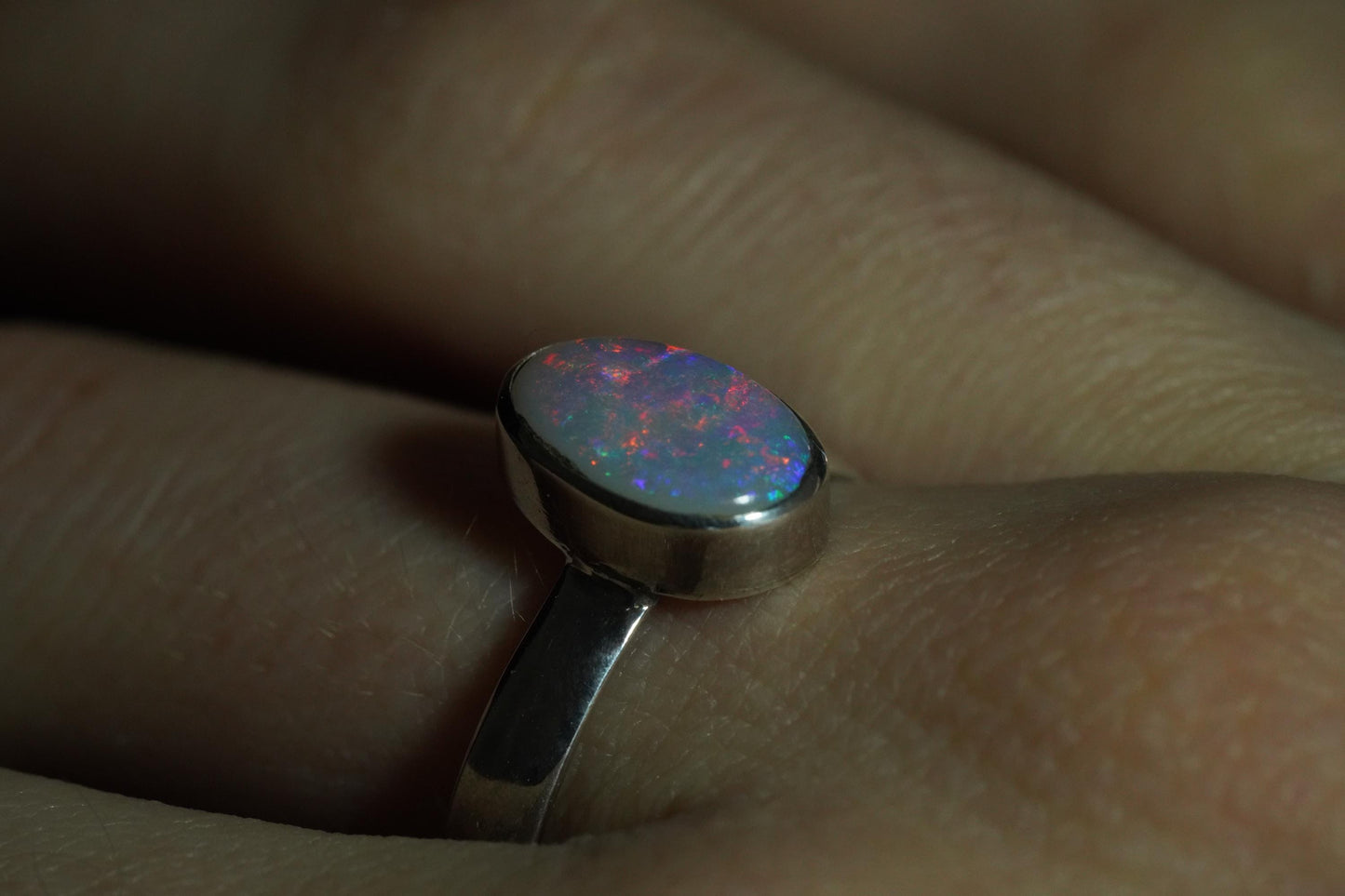 Solid Australian Opal Silver Ring, Beautiful unique Crystal Opal, Size 9 US
