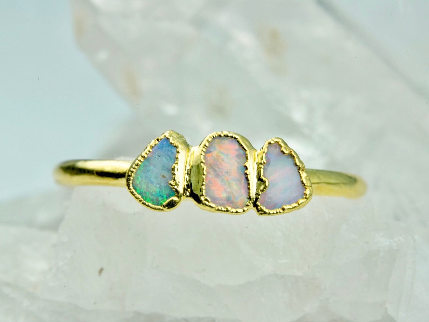 Triple Raw Opal Gold Ring | Unique Gift for Her | October Birthstone