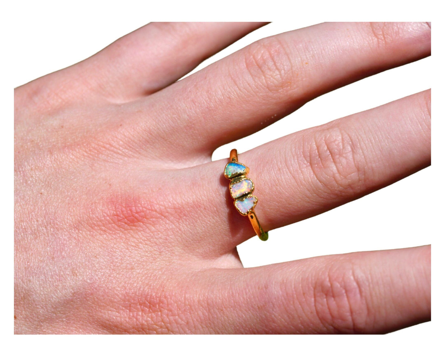 Triple Raw Opal Gold Ring | Unique Gift for Her | October Birthstone