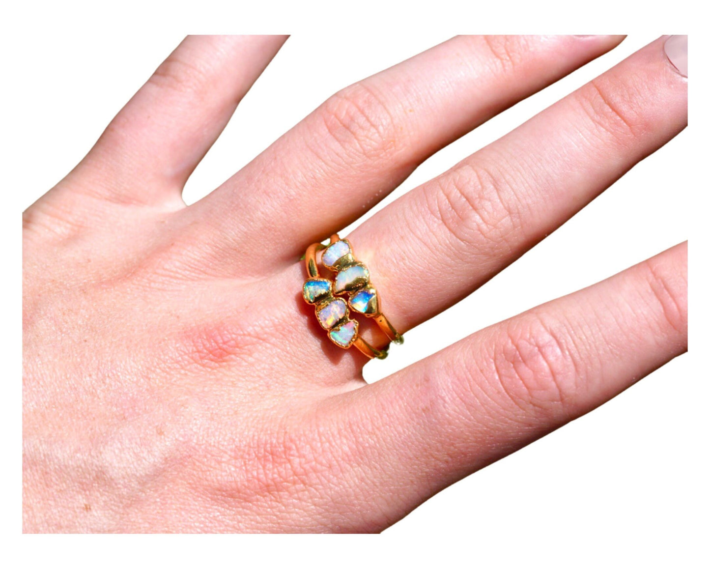 Triple Raw Opal Gold Ring | Unique Gift for Her | October Birthstone