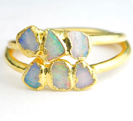 Triple Raw Opal Gold Ring | Unique Gift for Her | October Birthstone