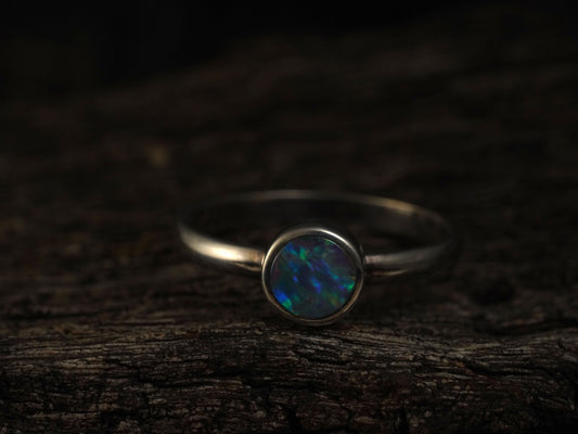 Doublet Australian Opal Silver Ring, Beautiful unique Crystal Opal, Size 6 US