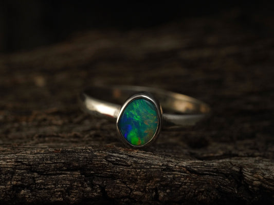 Doublet Australian Opal Silver Ring, Beautiful unique Crystal Opal, Size 6 US