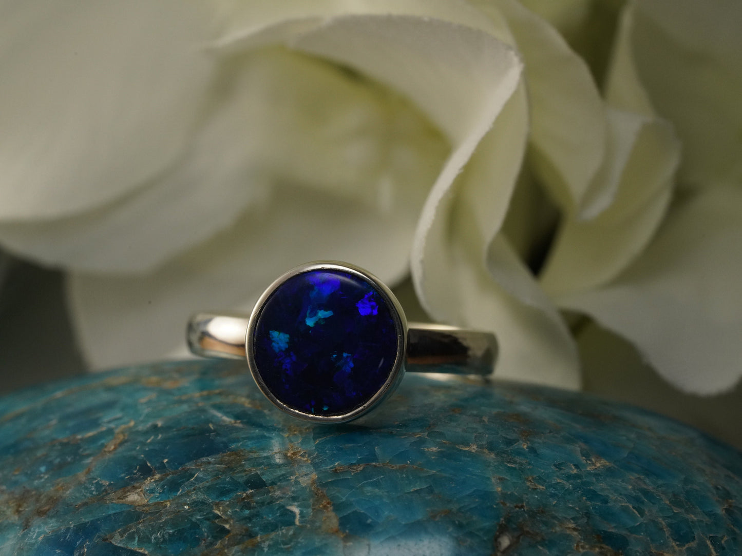 Doublet Australian Opal Silver Ring, Beautiful unique Crystal Opal, Size 8 US