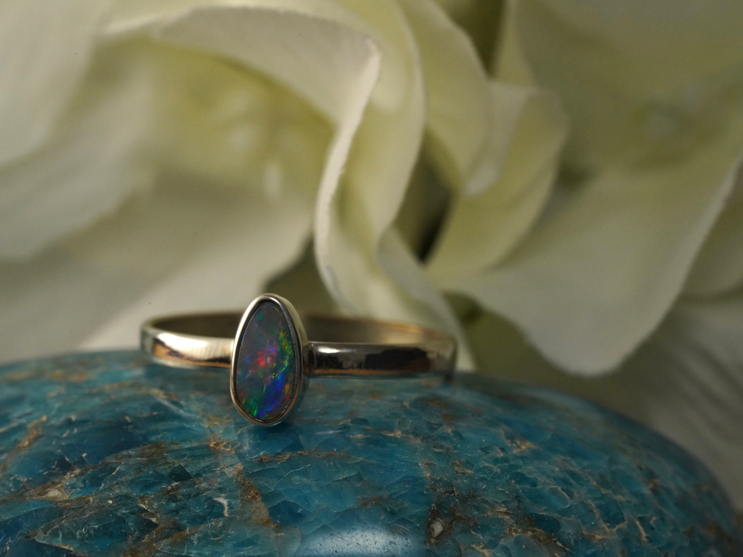 Doublet Australian Opal Silver Ring, Beautiful unique Crystal Opal, Size 8 US