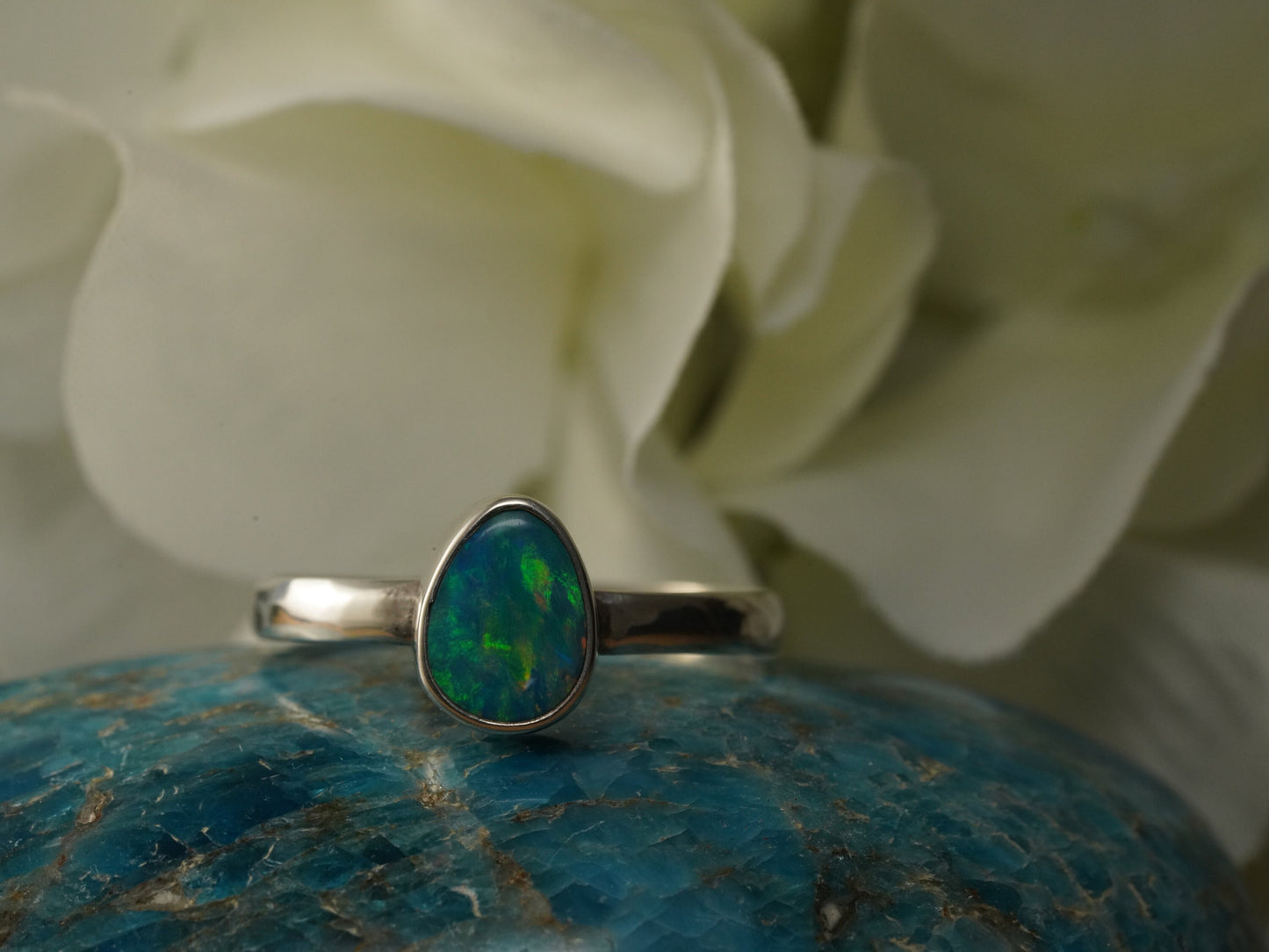 Doublet Australian Opal Silver Ring, Beautiful unique Crystal Opal, Size 8 US