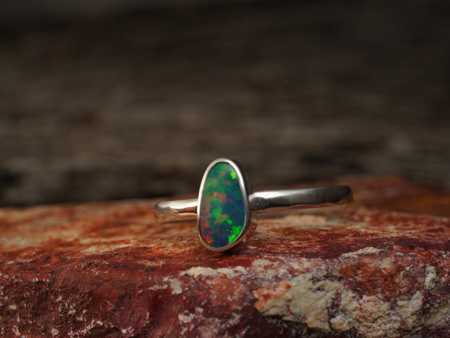 Doublet Australian Opal Silver Ring, Beautiful unique Crystal Opal, Size 9 US