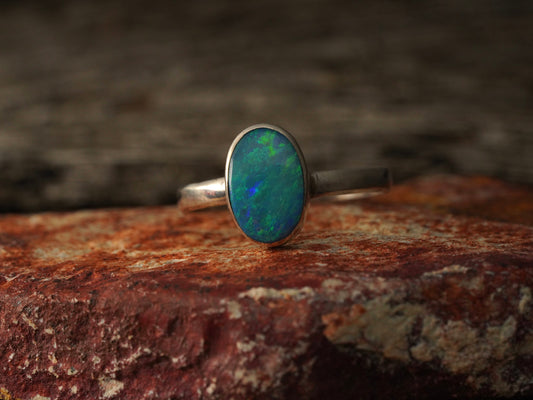 Doublet Australian Opal Silver Ring, Beautiful unique Crystal Opal, Size 9 US