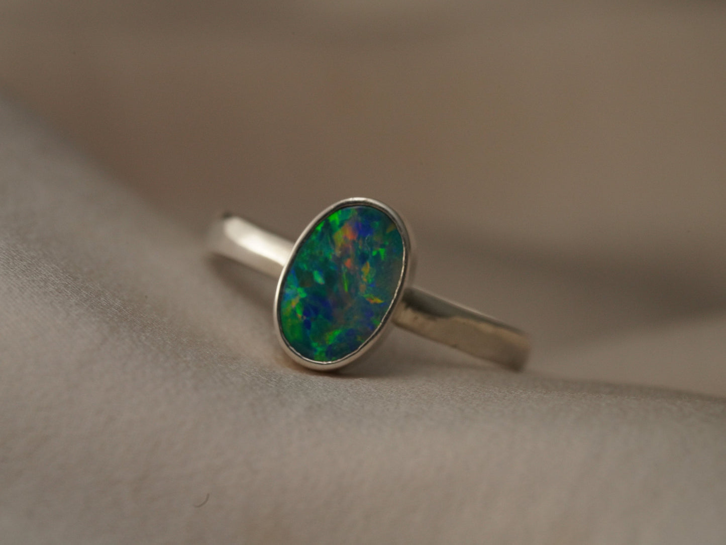 Doublet Australian Opal Silver Ring, Beautiful unique Crystal Opal, Size 7 US