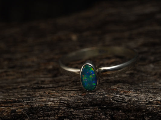 Doublet Australian Opal Silver Ring, Beautiful unique Crystal Opal, Size 6 US