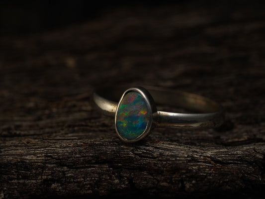 Doublet Australian Opal Silver Ring, Beautiful unique Crystal Opal, Size 6 US