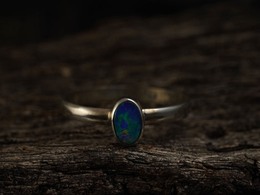 Doublet Australian Opal Silver Ring, Beautiful unique Crystal Opal, Size 6 US