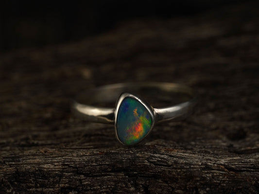 Doublet Australian Opal Silver Ring, Beautiful unique Crystal Opal, Size 6 US