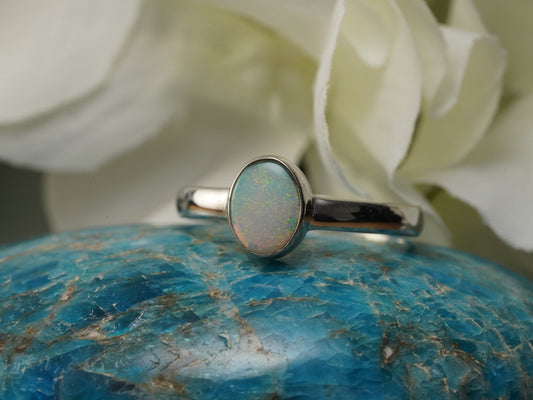 Solid Australian Opal Silver Ring, Beautiful unique Crystal Opal, Size 8 US