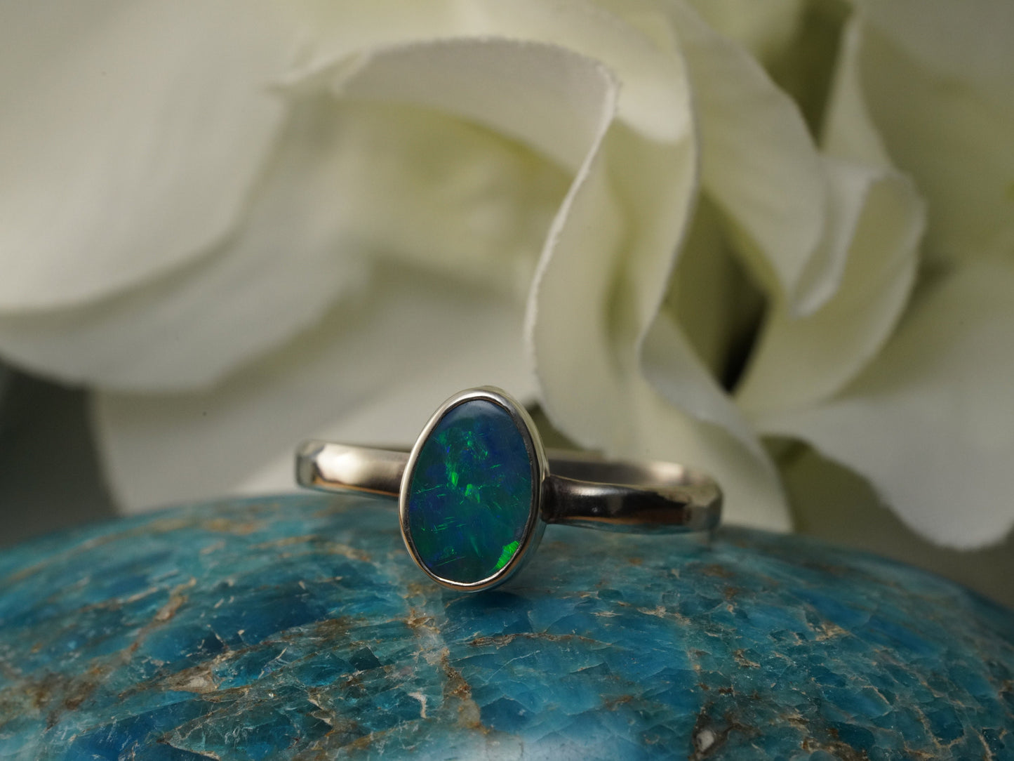 Doublet Australian Opal Silver Ring, Beautiful unique Crystal Opal, Size 8 US