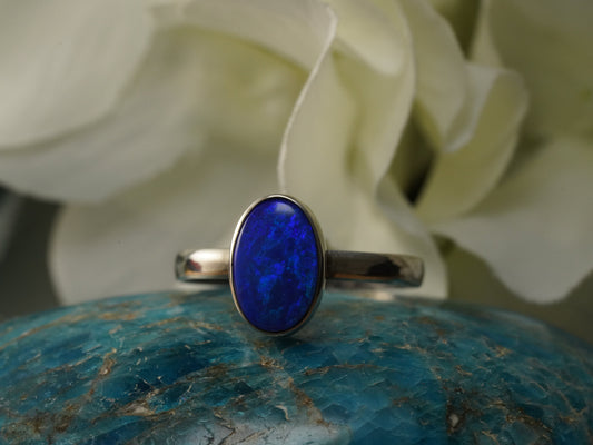 Doublet Australian Opal Silver Ring, Beautiful unique Crystal Opal, Size 8 US