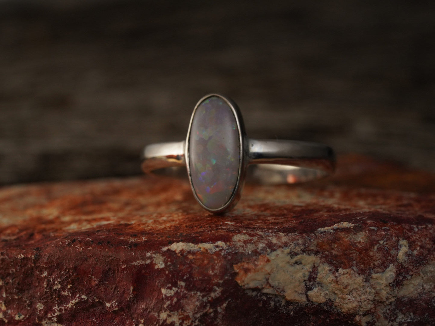 Solid Australian Opal Silver Ring, Beautiful unique Crystal Opal, Size 9 US