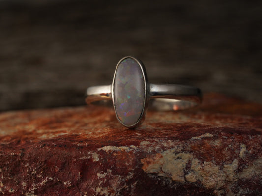 Solid Australian Opal Silver Ring, Beautiful unique Crystal Opal, Size 9 US