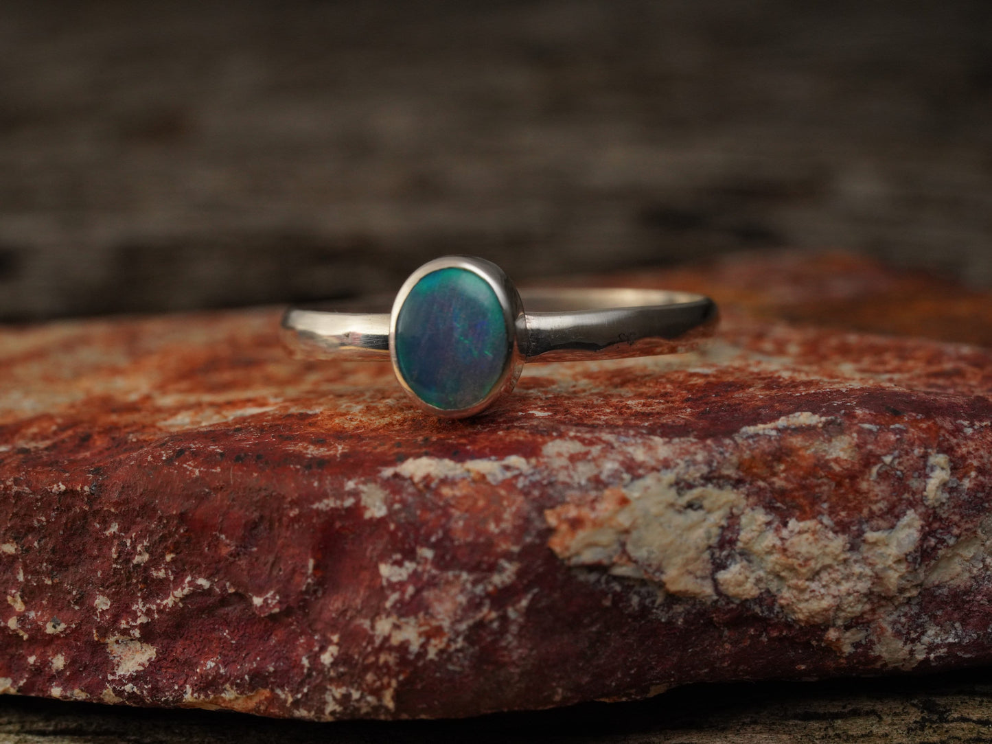 Doublet Australian Opal Silver Ring, Beautiful unique Crystal Opal, Size 9 US