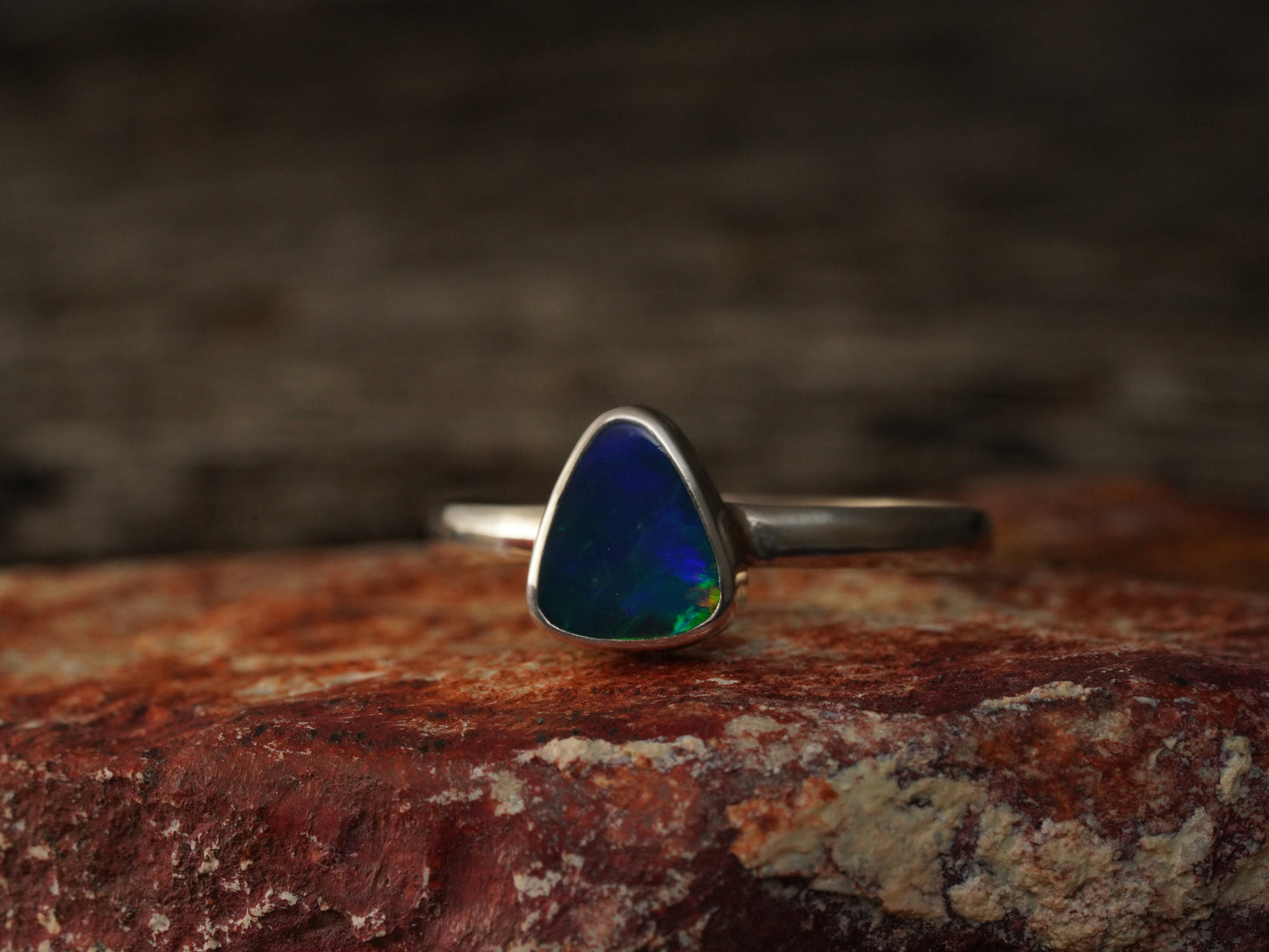 Doublet Australian Opal Silver Ring, Beautiful unique Crystal Opal, Size 9 US