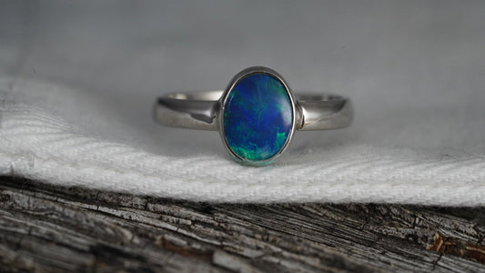 Doublet Australian Opal Silver Ring, Beautiful unique Crystal Opal, Size 7 US