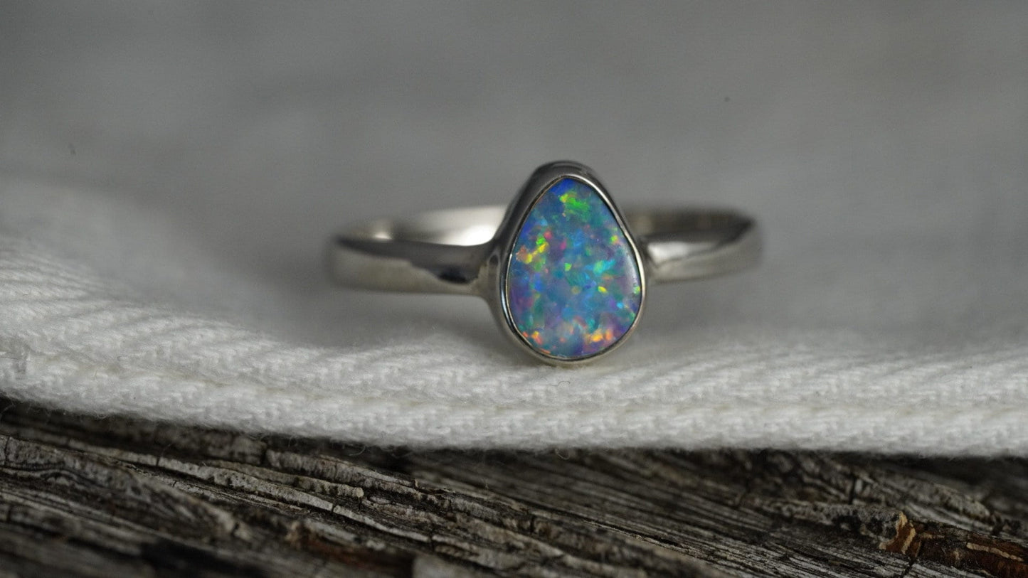 Doublet Australian Opal Silver Ring | Beautiful unique Crystal Opal | Size 7 US