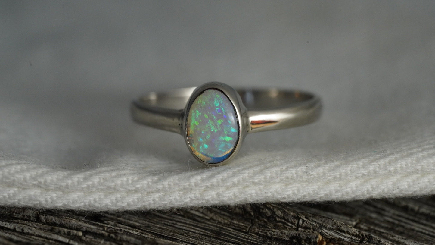 Solid Australian Opal Silver Ring | Beautiful unique Crystal Opal | Size 7 US