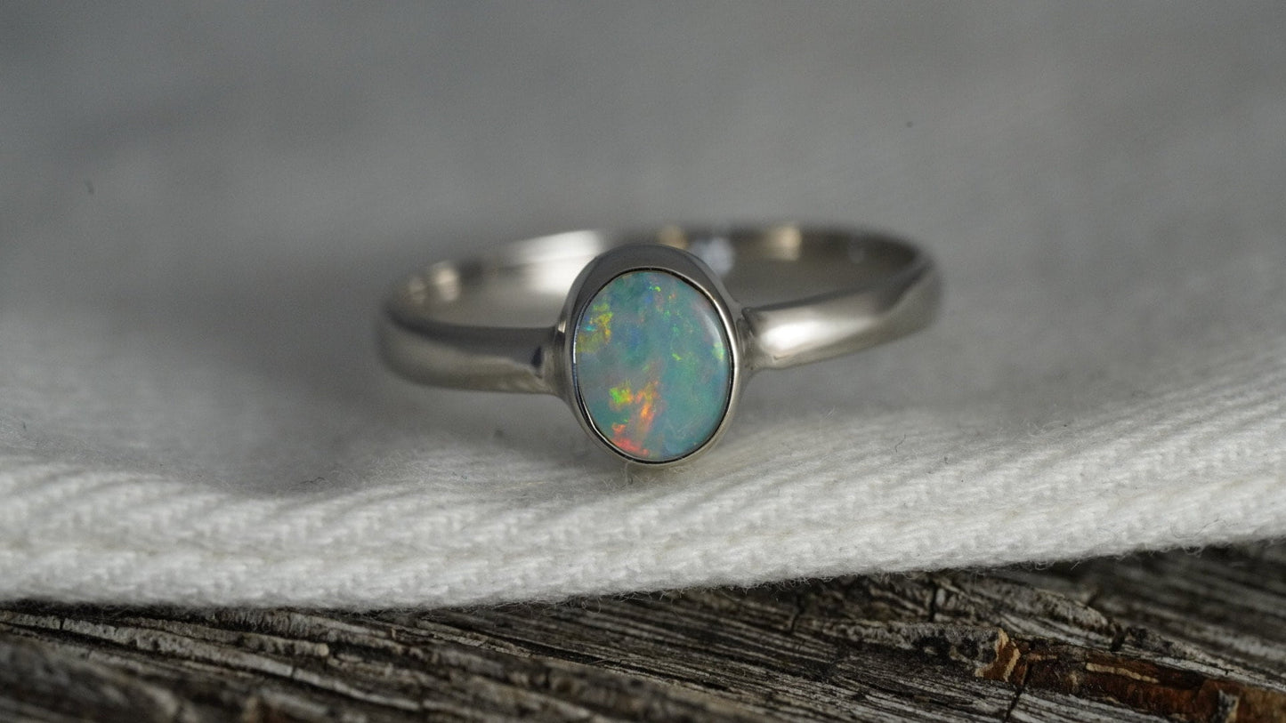 Doublet Australian Opal Silver Ring, Beautiful unique Crystal Opal, Size 8 US