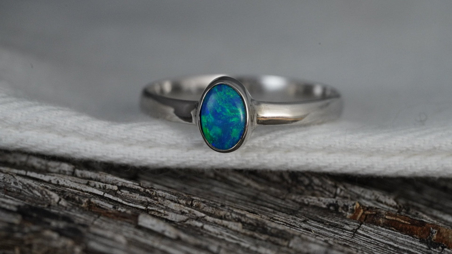 Doublet Australian Opal Silver Ring | Beautiful unique Crystal Opal | Size 7 US