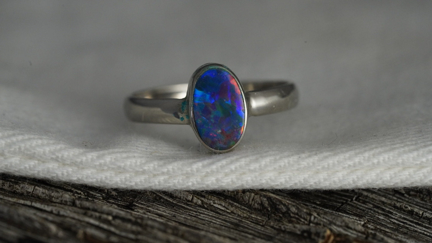 Doublet Australian Opal Silver Ring | Beautiful unique Crystal Opal | Size 7 US