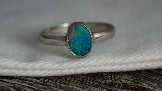 Doublet Australian Opal Silver Ring | Beautiful unique Crystal Opal | Size 9 US