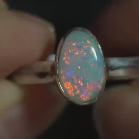 Solid Australian Opal Silver Ring, Beautiful unique Crystal Opal, Size 9 US