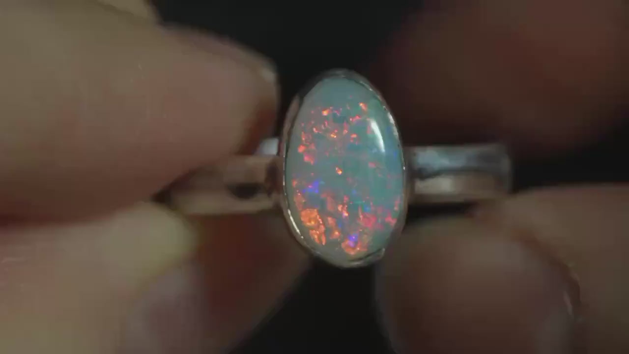 Solid Australian Opal Silver Ring, Beautiful unique Crystal Opal, Size 9 US